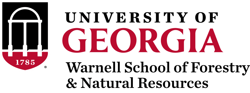 University of Georgia Warnell school of forestry and natural resources logo that is black, white and red.